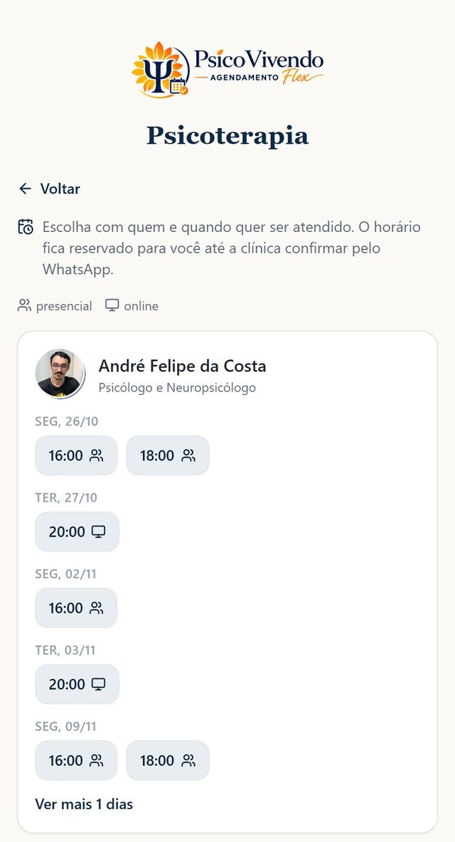 Tela do agendamento online com os horários livres de um profissional, presencial e online