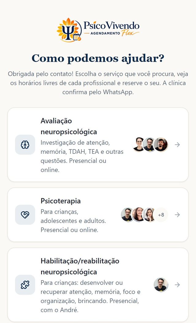 Tela do agendamento online da PsicoVivendo com a lista de atendimentos